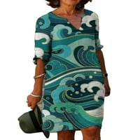 Eleluny žene pola rukava V-Neck Midi Dress Print casual Beach A-Line Sundress Green S
