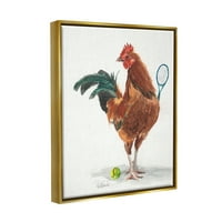 Stupell Industries Pileća kokoš igra tenisko atletsko farme slikanje životinja metalno zlato plutajuće uokvireno