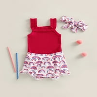 Ljetni setovi odjeće za djevojčice u donjem rublju, Crveni rebrasti kombinezon bez rukava + kratke hlače s duginim