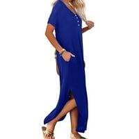 Ženska jednobojna modna Maksi haljina do gležnja s okruglim vratom, plava 2 inča