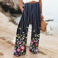 Tking modne ženske ljetne hlače široke noge ležerne labave elastične struke cvjetni tisak lanene hlače mornarice