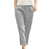 Hlače za Žene: Ležerne hlače s elastičnim strukom, jednobojne, s velikim džepom, ravne hlače od pamuka i lana