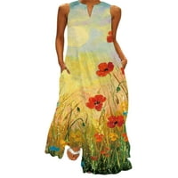 Ljetna Ženska Maksi haljina s cvjetnim printom Bez rukava s izrezom i džepovima u obliku slova u, svečana sunčanica