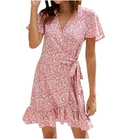 Lhked Womens v-Neck cvjetna tiskana žena ljetna čipka čipka šifona haljina s kratkim rukavima Maxi Sundresses
